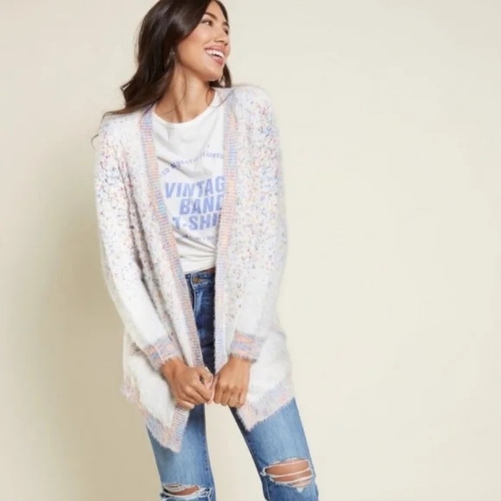 ModCloth Future Looks Fuzzy 3X Rainbow Dot Cardigan with Pockets